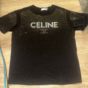 Celine Black Tee with Glittering Accents